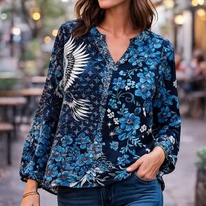 Johnny Was Phoenix Tate 100% Silk Boho Patchwork Top | Blue Floral‎ M